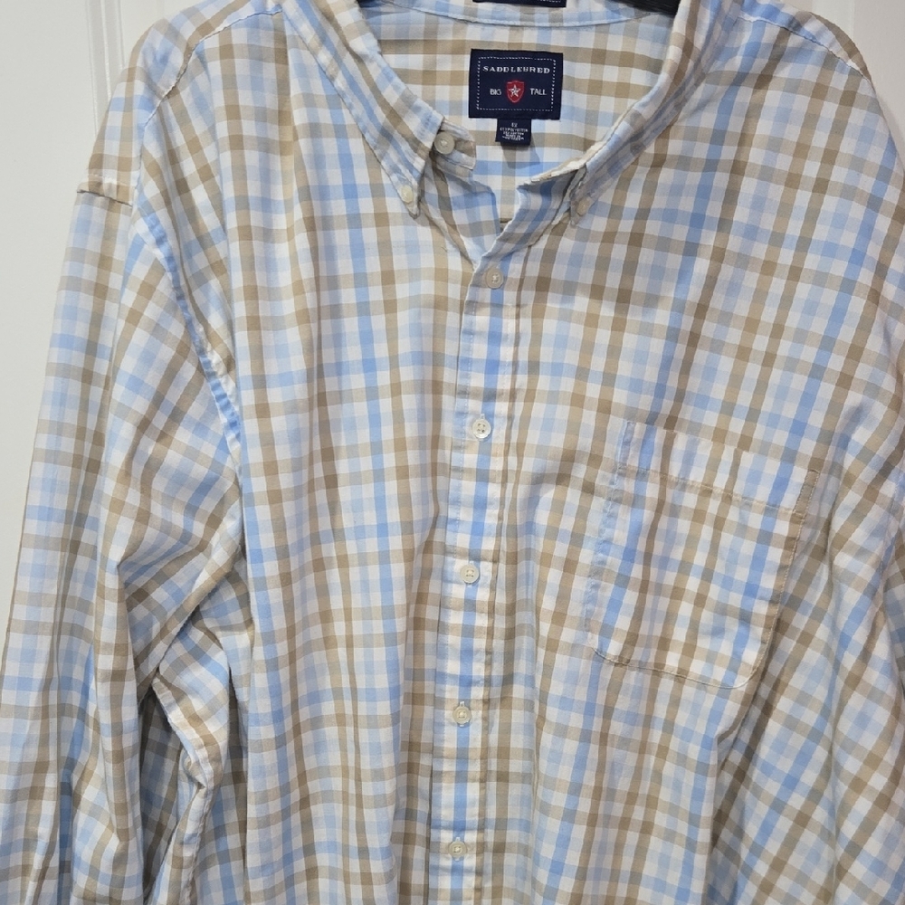 Saddlebred Big & Tall Checked Button-Down Shirt in Light Blue and Tan